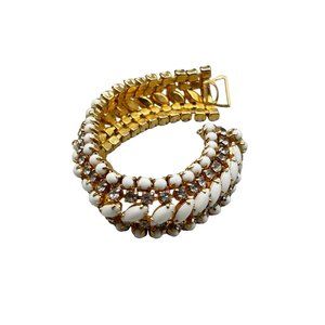 Vintage Milk White Rhinestone Bracelet Gold Tone Wide Dome Prong Set Rhinestones